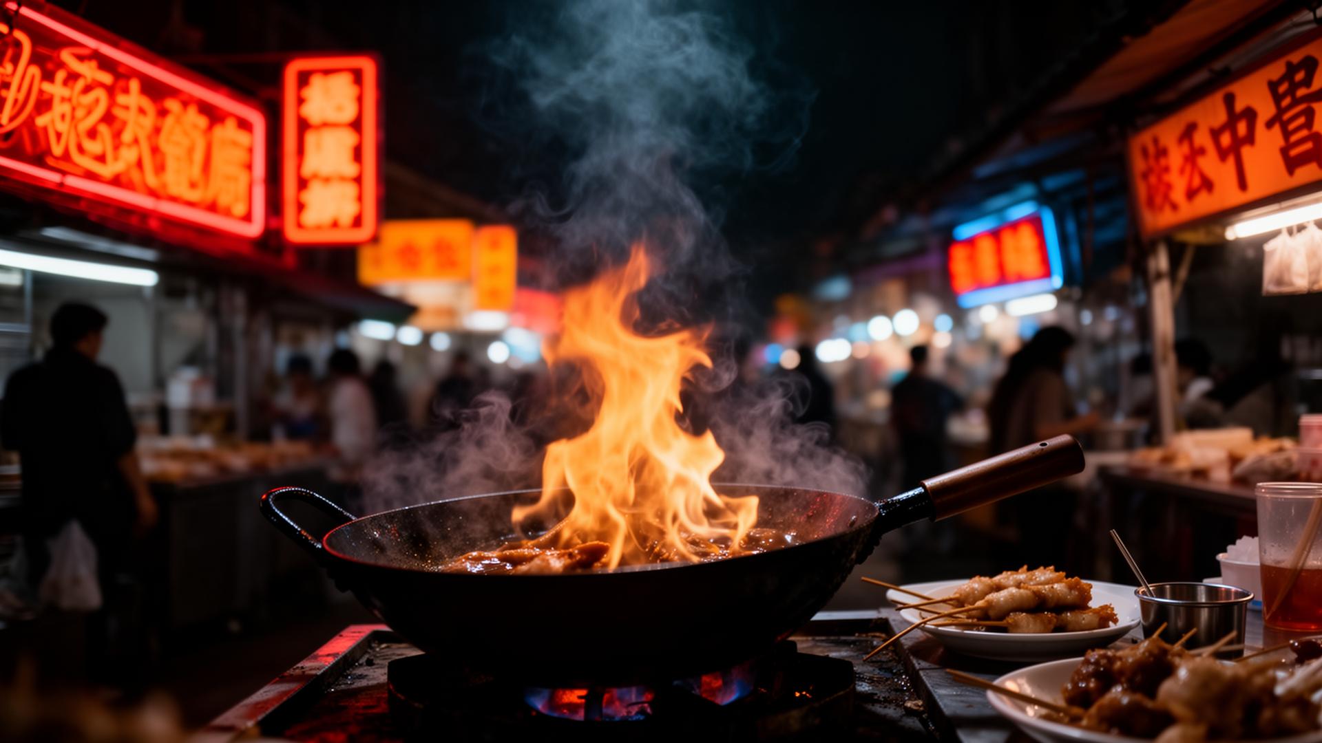 Sizzling wok at an Asian night market